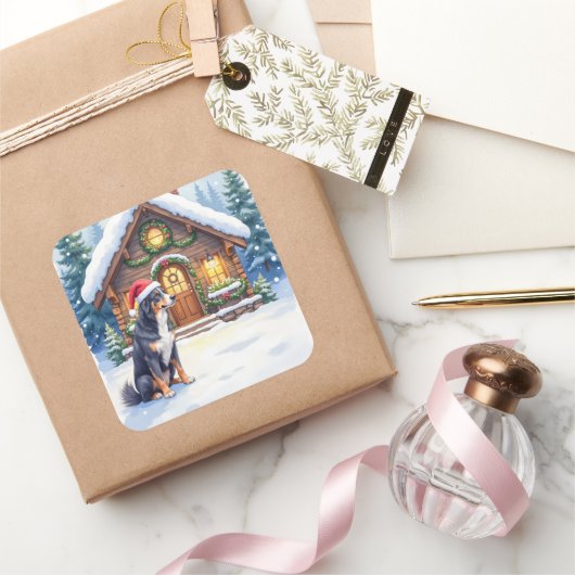 Greater Swiss Mountain Dog Snowy Cabin Santa Hat スクエアシール (ギフト)