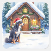 Greater Swiss Mountain Dog Snowy Cabin Santa Hat スクエアシール (正面)