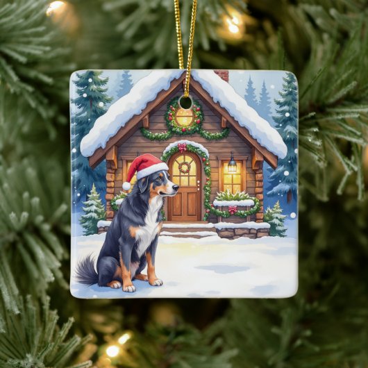 Greater Swiss Mountain Dog Snowy Cabin Santa Hat セラミックオーナメント (ツリー)