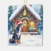Greater Swiss Mountain Dog Snowy Cabin Santa Hat セラミックオーナメント (左)
