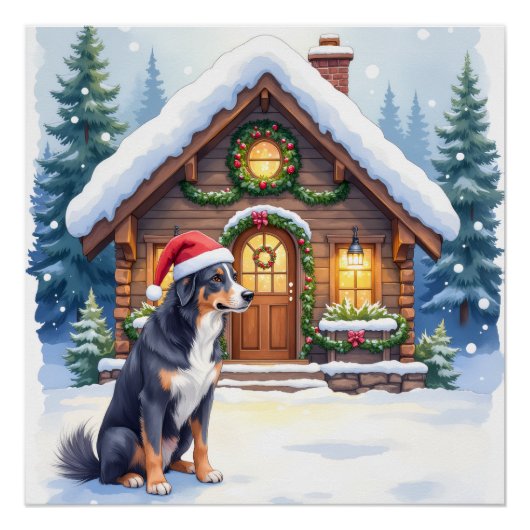 Greater Swiss Mountain Dog Snowy Cabin Santa Hat ポスター (正面)
