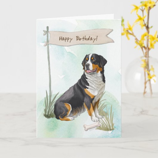 Greater Swiss Mountain Dog Under Birthday Sign カード (黄色い花)