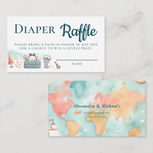 Greatest Adventure Teal Diaper Raffle Baby Shower エンクロージャーカード (正面/裏面)