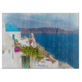 Grecian楽園。 Santoriniの水彩画の絵画 カッティングボード