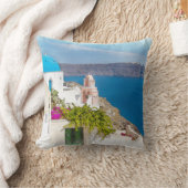 Grecian楽園。 Santoriniの水彩画の絵画 クッション (ブランケット)