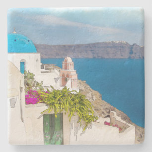 Grecian楽園。 Santoriniの水彩画の絵画 ストーンコースター