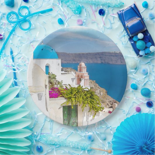 Grecian楽園。 Santoriniの水彩画の絵画 ペーパープレート (パーティー)