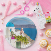 Grecian楽園。 Santoriniの水彩画の絵画 ペーパープレート (パーティー)