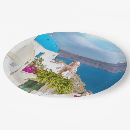 Grecian楽園。 Santoriniの水彩画の絵画 ペーパープレート (アングル)