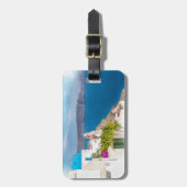 Grecian楽園。 Santoriniの水彩画の絵画 ラゲッジタグ (正面縦)