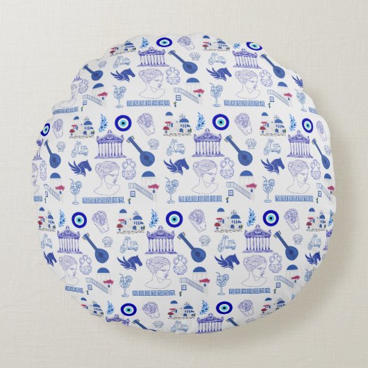 Greece Blue and White ラウンドクッション (正面)