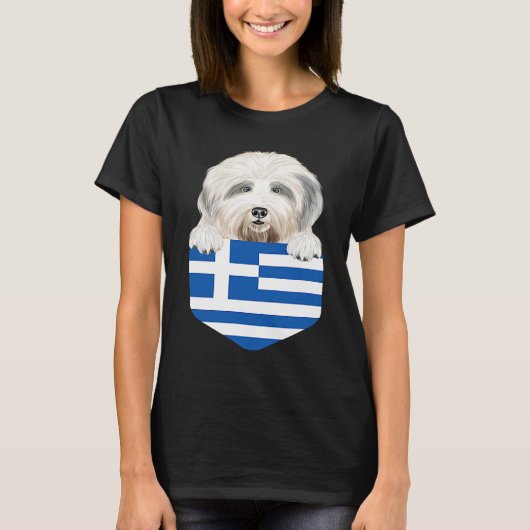 Greece Flag Old English Sheepdog Dog In Pocket Tシャツ (正面)