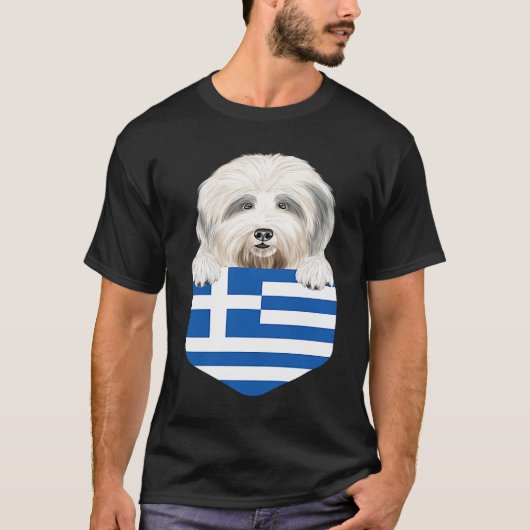 Greece Flag Old English Sheepdog Dog In Pocket Tシャツ (正面)