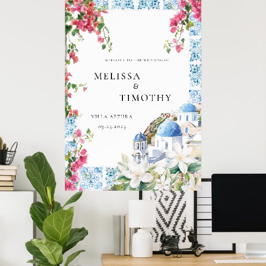 Greece Mediterranean Floral Tile Wedding Welcome  ポスター (ホームオフィス)