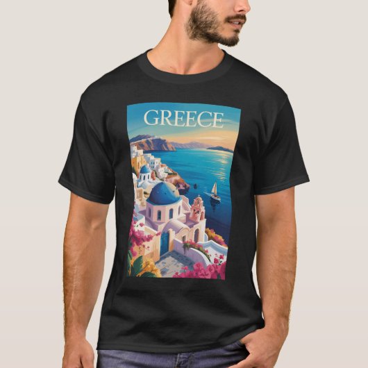Greece Santorini Illustration Travel Art Vintage Tシャツ (正面)