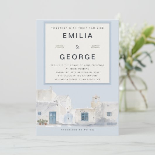 Greek Blue Destination Wedding | Elegant  招待状 (スタンド正面)