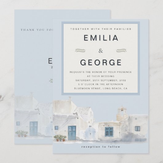 Greek Blue Destination Wedding | Elegant  招待状 (正面/裏面)