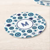 Greek Evil Eye Coastal Blue White  ラウンドペーパーコースター (アングル)