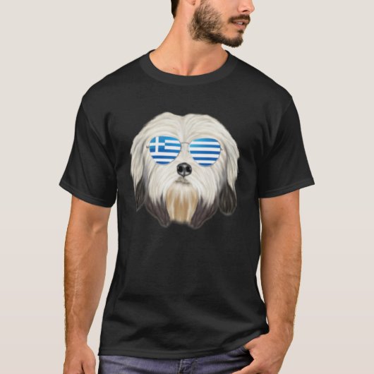 Greek Flag Lowchen Dog Greece Pocket Tシャツ (正面)