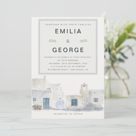 Greek Island Wedding | Olive Accent 招待状 (スタンド正面)