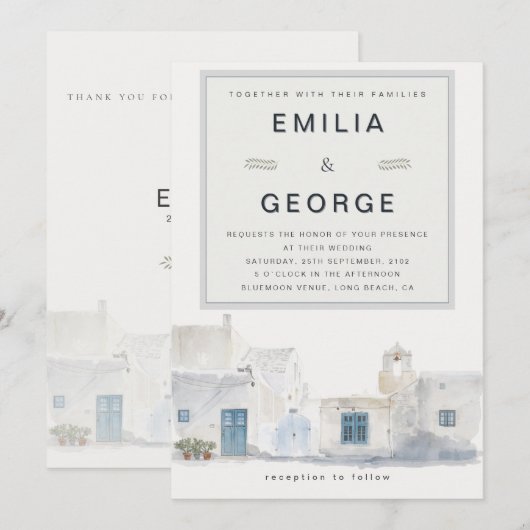 Greek Island Wedding | Olive Accent 招待状 (正面/裏面)