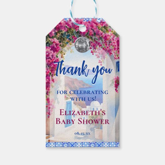 Greek Italian Blue Tiles Pink Flowers Disco Ball ギフトタグ (正面)