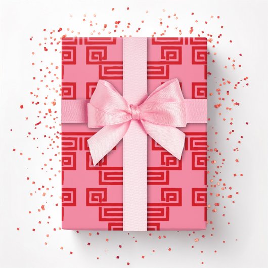 Greek Key Meander Tier in Pink and Red ラッピングペーパー
