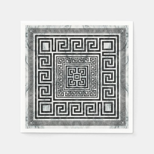 Greek Meander - Greek Key Black and White Marble スタンダードカクテルナプキン (正面)