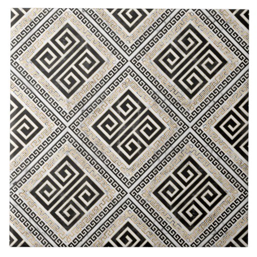 Greek Meander - Greek Key Black and White Marble タイル (正面)