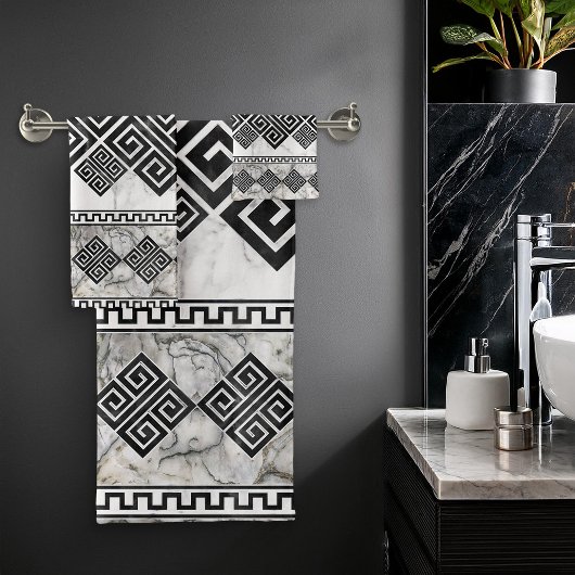 Greek Meander - Greek Key Black and White Marble バスタオルセット
