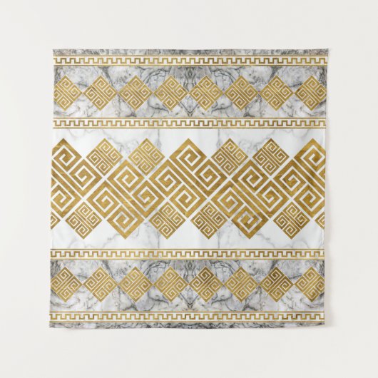 Greek Meander - Greek Key White Marble and Gold タペストリー (正面)