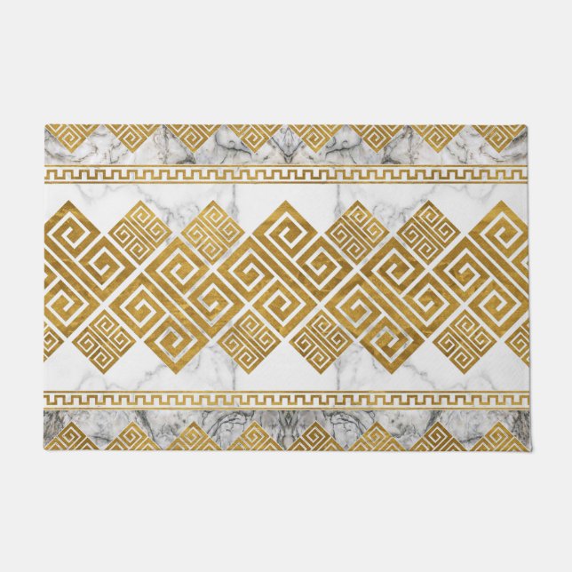 Greek Meander - Greek Key White Marble and Gold ドアマット (正面)