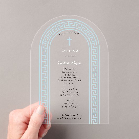 Greek Orthodox Christening Baptism Blue Greek Key  アクリル招待状 (インサイチュ (ポータブル))