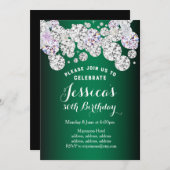 GREEN エレガント diamond、グリッター誕生日の招待 招待状 (正面/裏面)