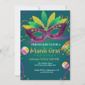 Green | ティール（緑がかった色）仮装マスクマルディグラスパーティー 招待状 (正面)