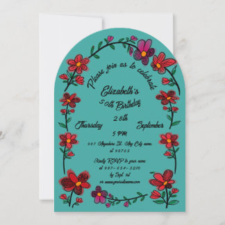 Green 50th Birthday Party Whimsical Doodle Flowers 招待状