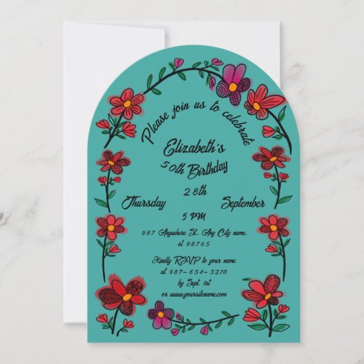 Green 50th Birthday Party Whimsical Doodle Flowers 招待状 (正面)