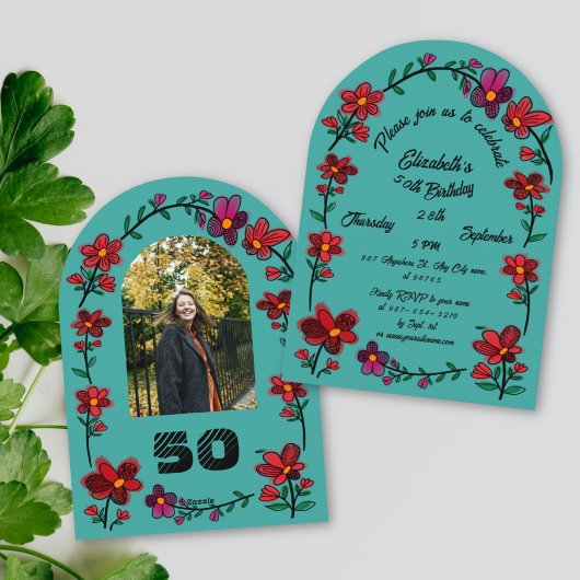 Green 50th Birthday Party Whimsical Doodle Flowers 招待状