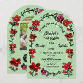 Green 60th Birthday Party Whimsical Doodle Flowers 招待状 (正面/裏面)