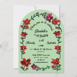 Green 60th Birthday Party Whimsical Doodle Flowers 招待状