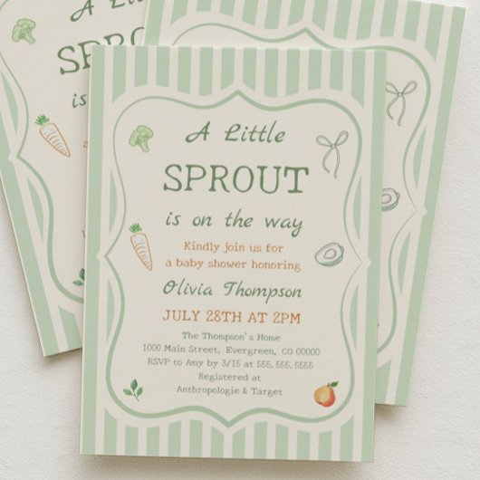 Green A Little Sprout Baby Shower 招待状