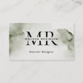 Green Abstract Watercolor with Monogram & QR Code 名刺 (正面)