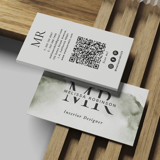 Green Abstract Watercolor with Monogram & QR Code 名刺
