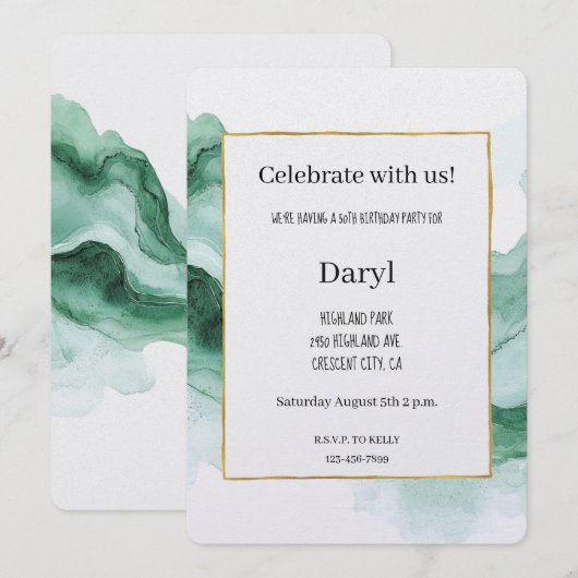 Green Abstract Wave Birthday 招待状 (正面/裏面)