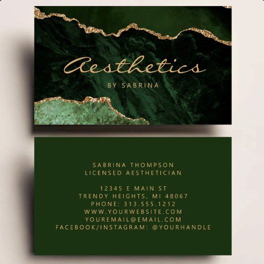 Green Agate Gold Glitter Luxury Aesthetician 名刺