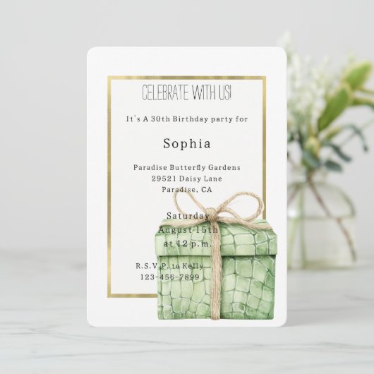 Green Alligator Print Gift Birthday   招待状 (スタンド正面)