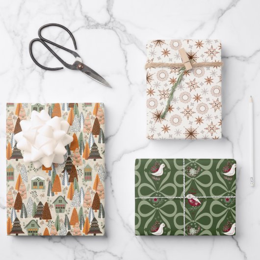 Green and Beige Christmas Forest Village Snowflake ラッピングペーパーシート (正面)
