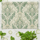 Green and Beige Vintage Botanical Flowers Pattern キッチンタオル (折り畳み)