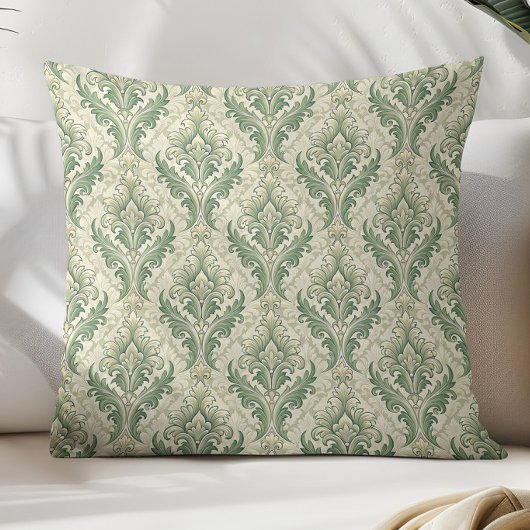 Green and Beige Vintage Botanical Flowers Pattern クッション