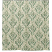 Green and Beige Vintage Botanical Flowers Pattern シャワーカーテン (正面)